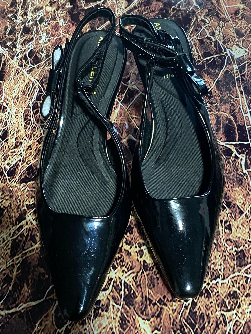 Anne Klein Black Patent Pointed Slingback Flats with Bow